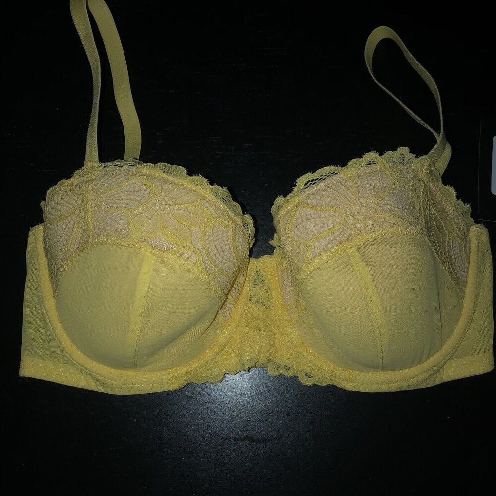 NWT Fredericks of Hollywood 34D Karoline Yellow Balconette Lace Trim Bra